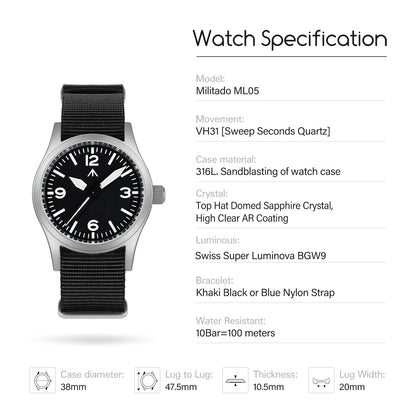 Militado 38mm Field Watch ML05 369 Dial