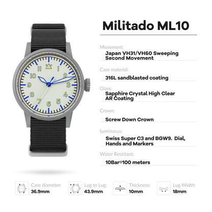 Militado 37mm Sapphire Crystal Retro Flieger Pilot Watch Ml10 V2