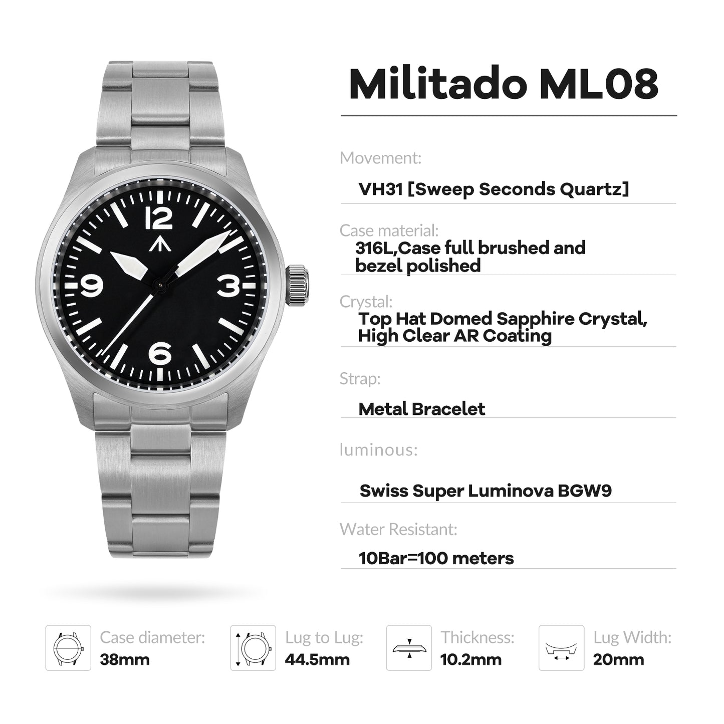 Militado 38mm Military Watch Vintage Field Watch 369 Dial Ml08