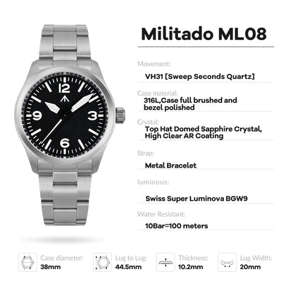 Militado 38mm Military Watch Vintage Field Watch 369 Dial Ml08