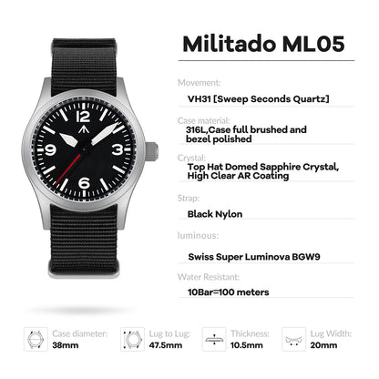 Militado 38mm Field Watch ML05 369 Dial