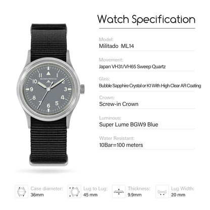 Militado 36mm Retro Military Watch VH31/VH65 Sweeping Hand ML14 V2