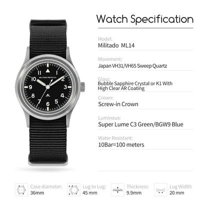Militado 36mm Retro Military Watch VH31/VH65 Sweeping Hand ML14 V2