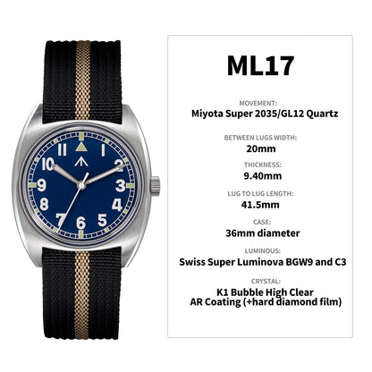 Militado Vintage 36mm Military Watch W10 Remake ML17