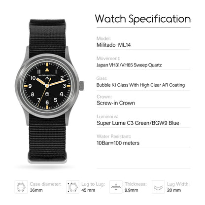 Militado 36mm Retro Military Watch VH31/VH65 Sweeping Hand ML14 V2
