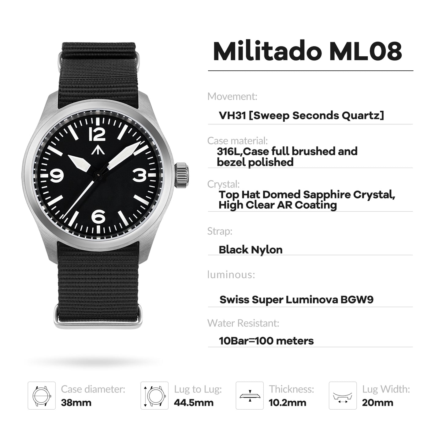 Militado 38mm Military Watch Vintage Field Watch 369 Dial Ml08