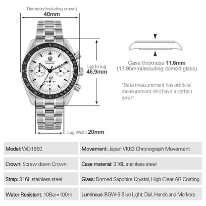 Watchdives 40mm WD1860 VK63 Chronograph Watch