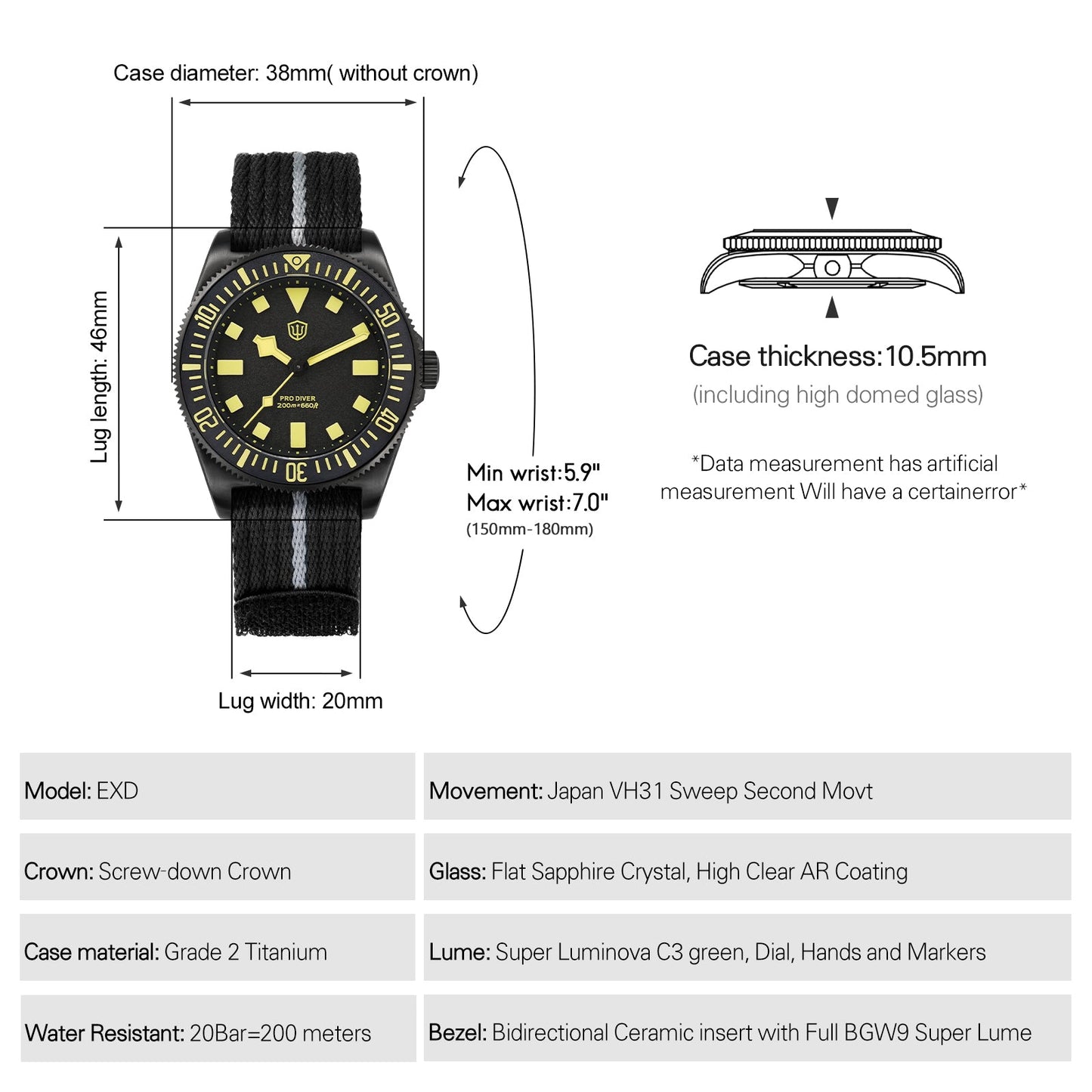 Watchdives 38mm EXD Titanium Diver Watch