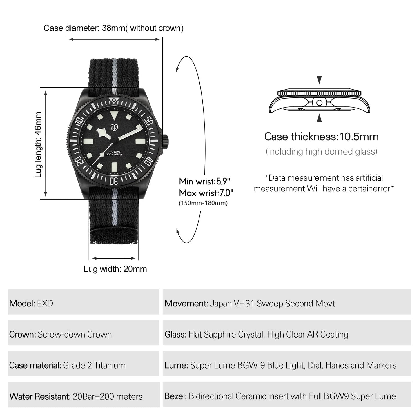 Watchdives 38mm EXD Titanium Diver Watch