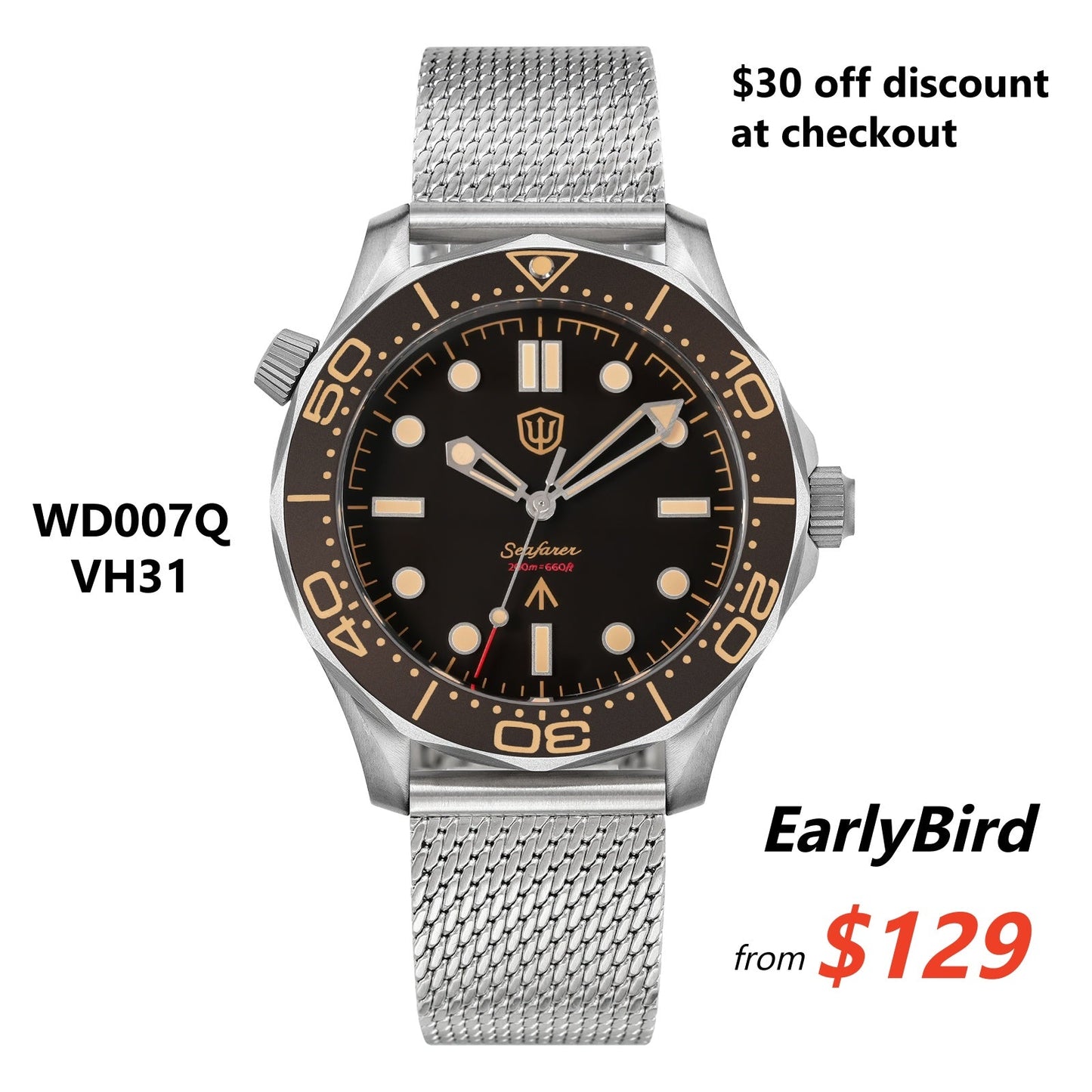 🔥EarlyBird🔥Seafarer WD007Q VH31 Titanium NTTD Dive Watch