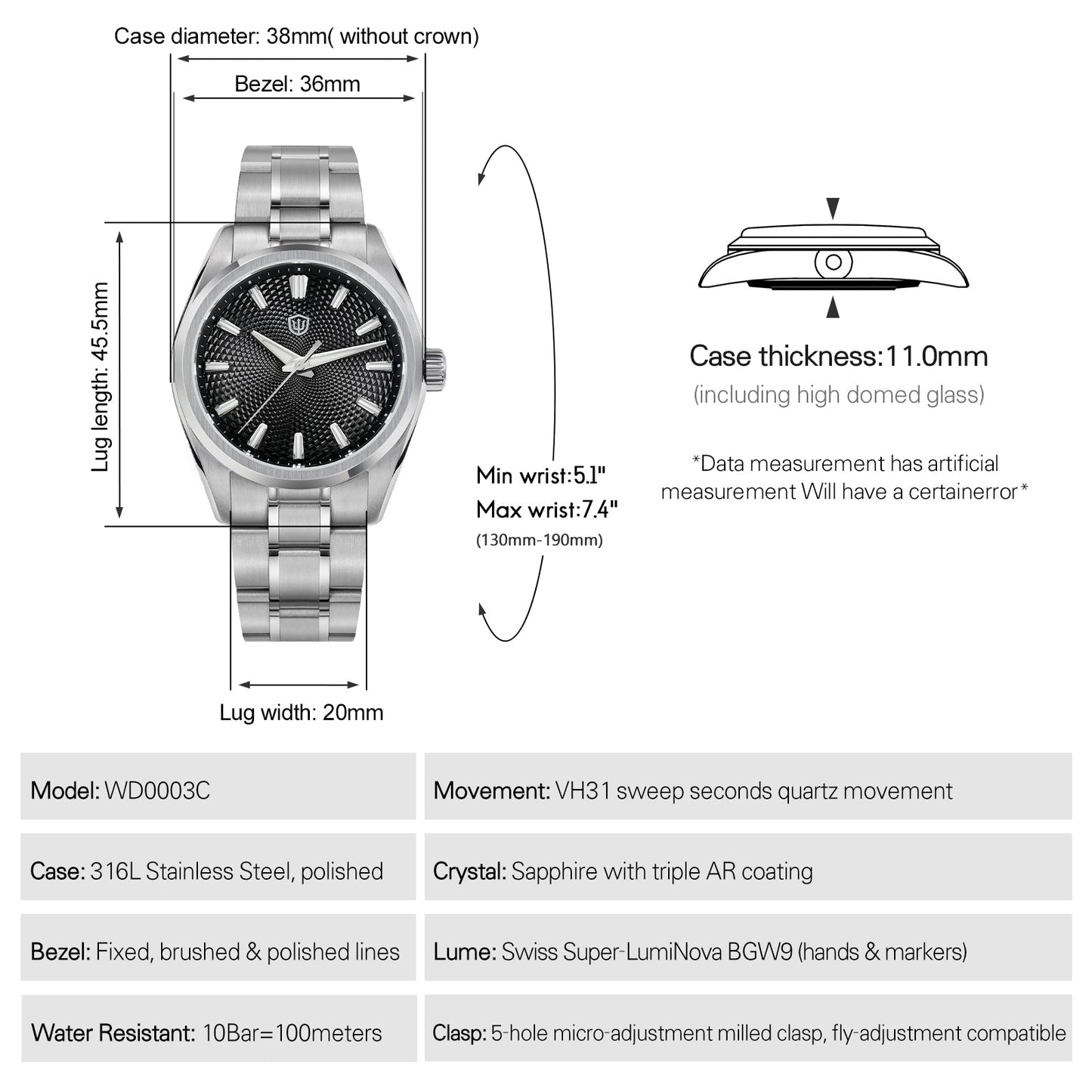 Watchdives WD0003G Guilloche Dial VH31 Men Watch