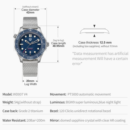 🔥WeeklyDeals🔥Watchdives WD007 Top Hat Sapphire PT5000 Titanium Dive Watch