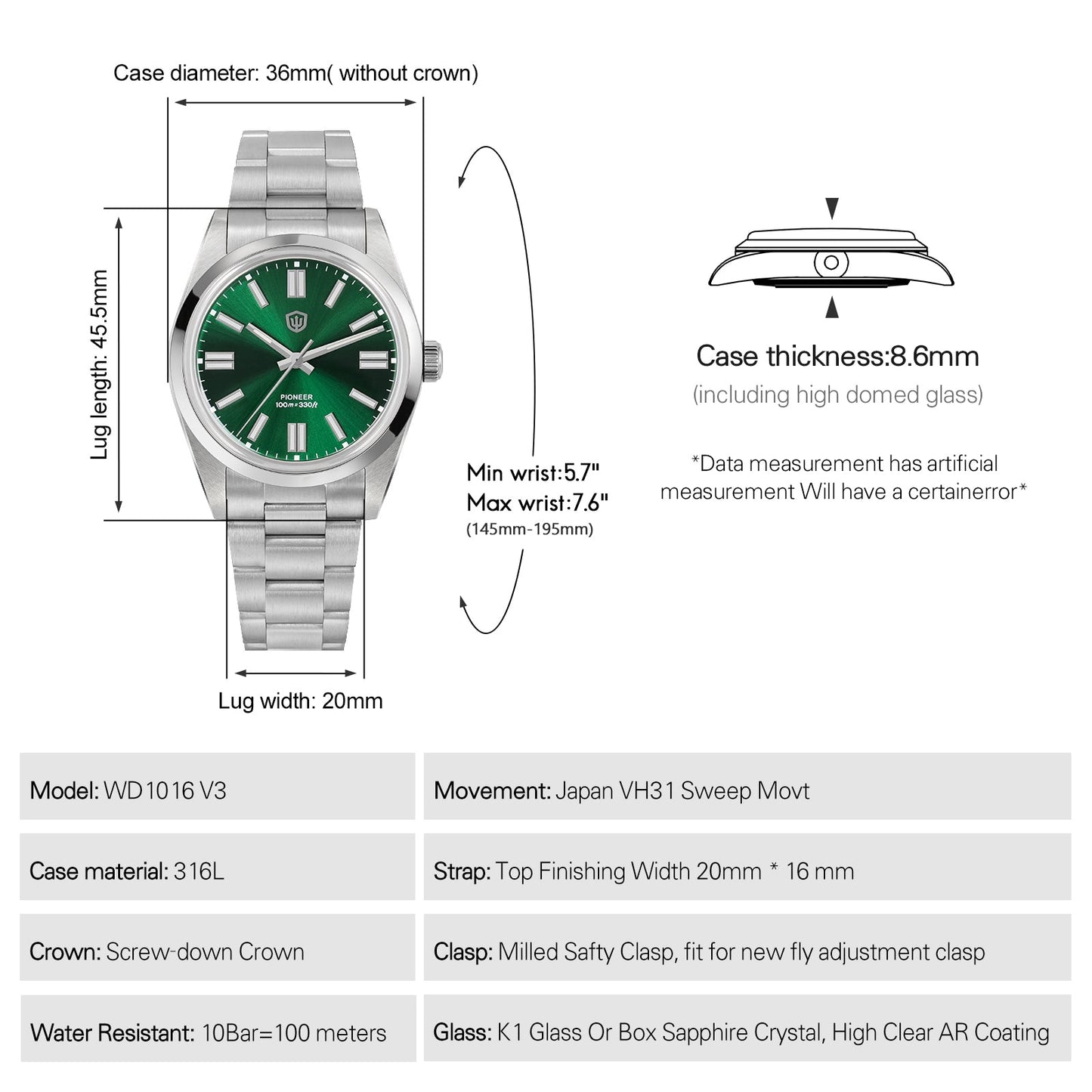 Watchdives WD1016B 37mm Pioneer VH31 Men Watch