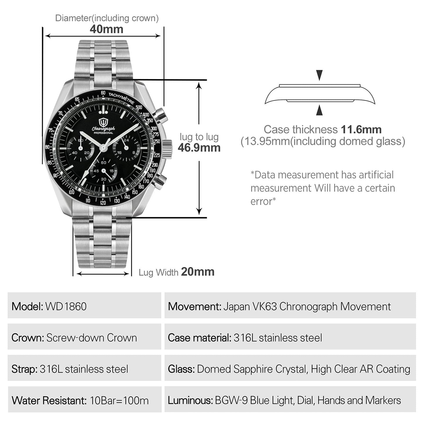 Watchdives 40mm WD1860 VK63 Chronograph Watch