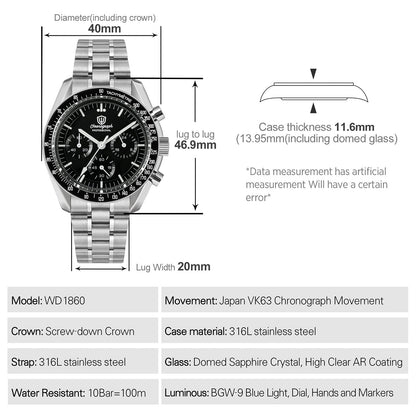 Watchdives 40mm WD1860 VK63 Chronograph Watch