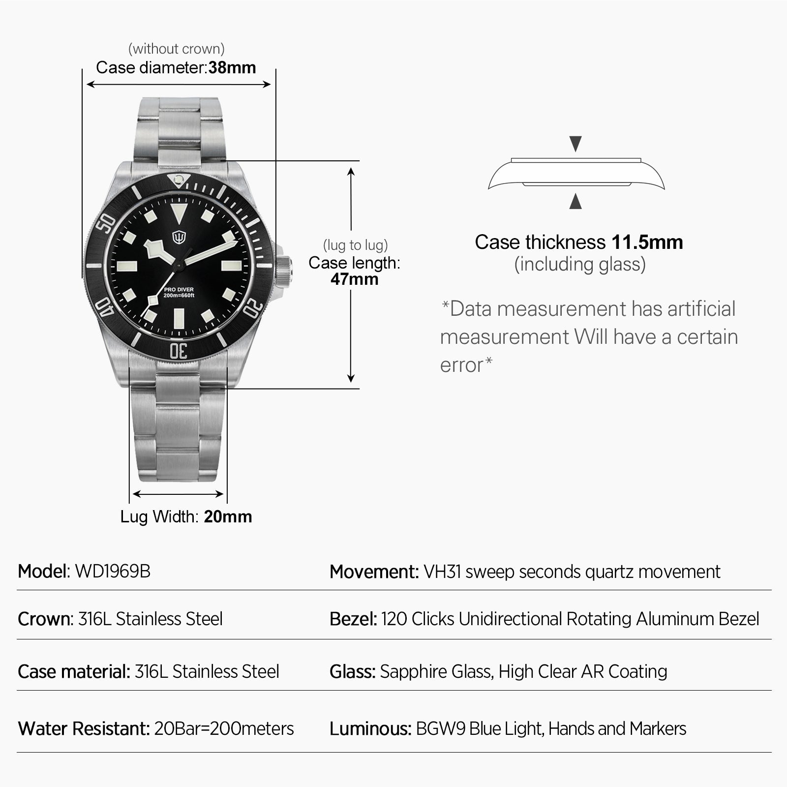 Watchdives WD1969B PRO 38mm VH31 Dive Watch – Tactical Frog Watch