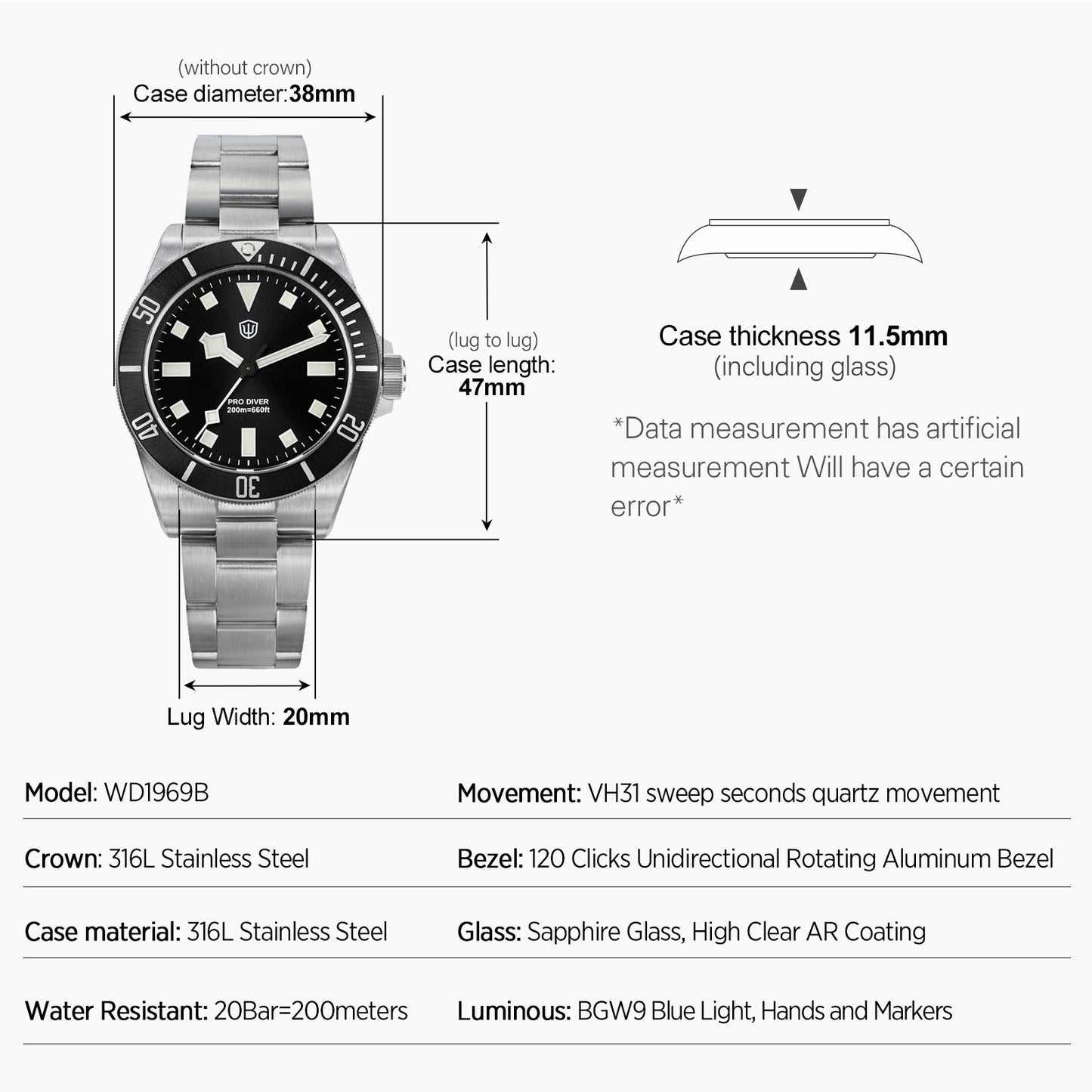 Watchdives WD1969B PRO 38mm VH31 Dive Watch